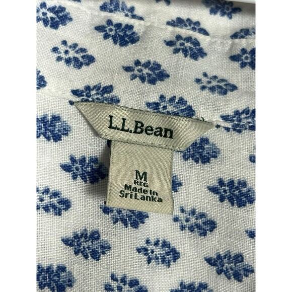 LL Bean Button Up Shirt Womens Medium White Blue Flowers Long Sleeve 100% Linen - Picture 8 of 16